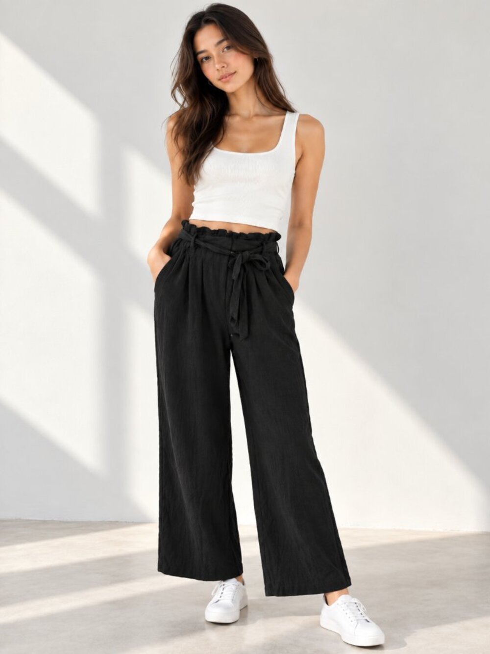 Halston Heritage Black Paperbag Waist Tie Straight Leg Pants 0943